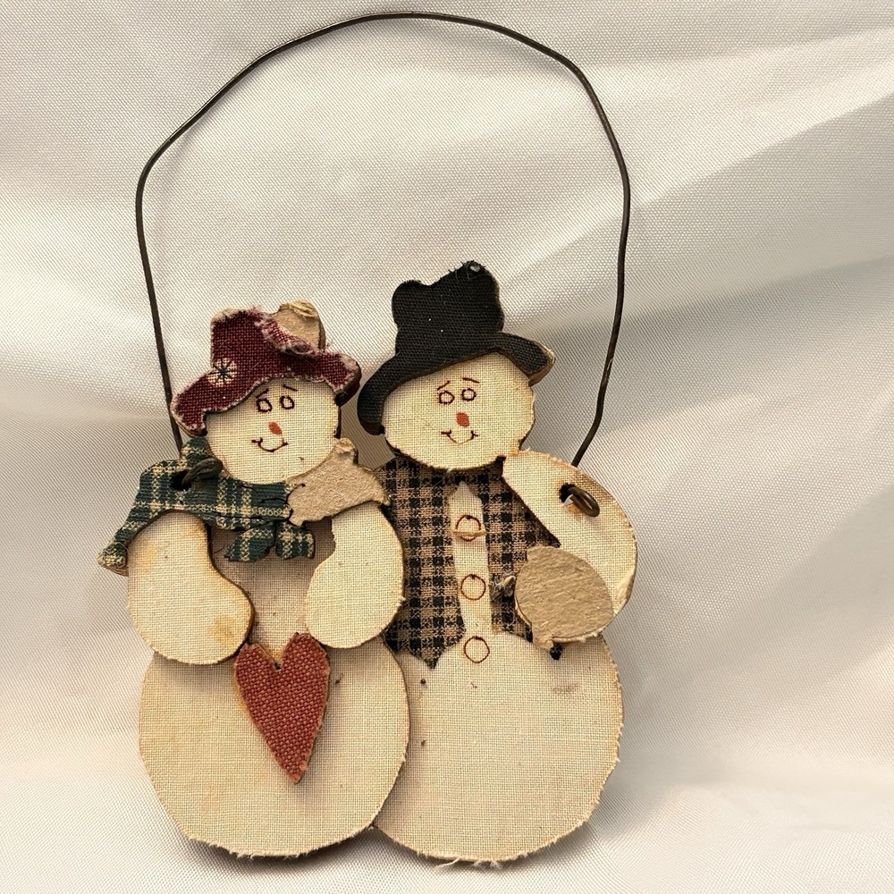 Vintage Christmas Ornament Handmade Snowman‎ Couple Wood Rustic Country 5" 90s